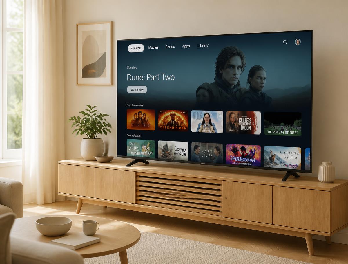 TV i vardagsrum som visar filmer och serier i GTV:s gränssnitt
